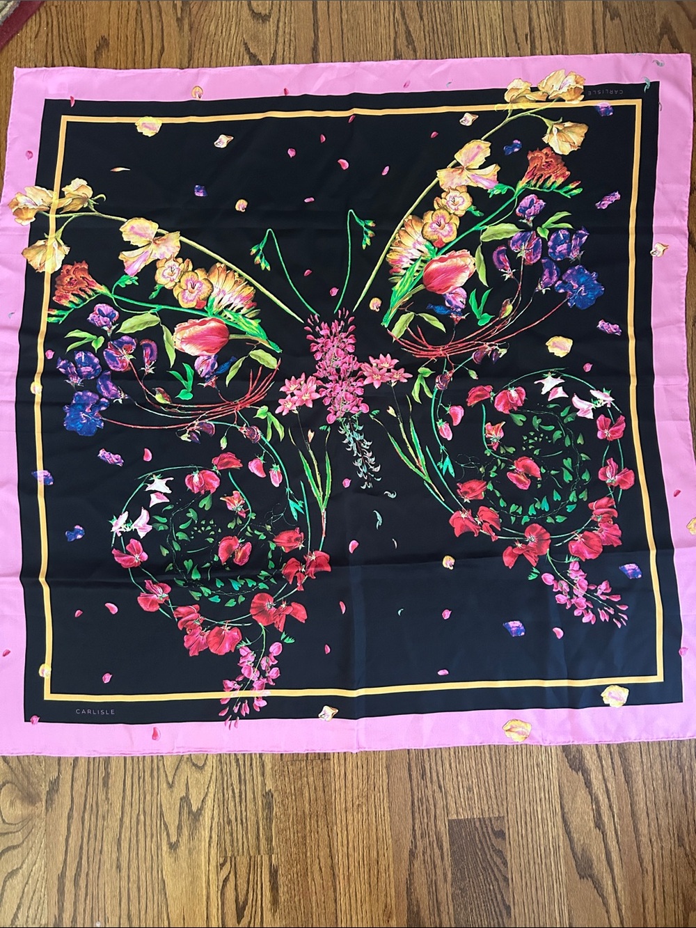 Carlisle Black Floral Silk Scarf with Pink Border